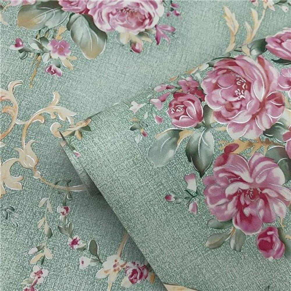 17.7" x 394"Light Green Floral Contact Paper Vintage Wallpaper Stick